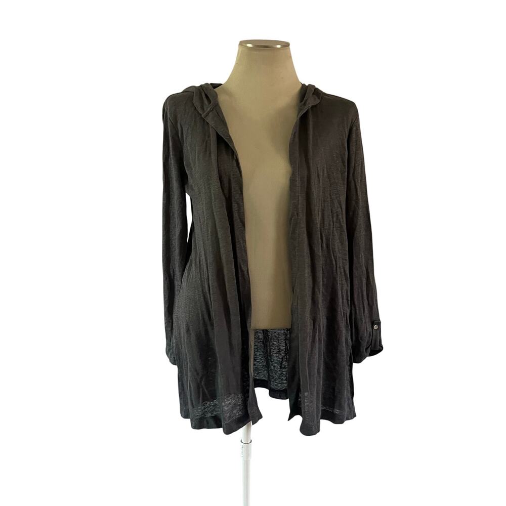 Tahari Grey 100% Linen Hooded Open Longline Cardigan Sz S